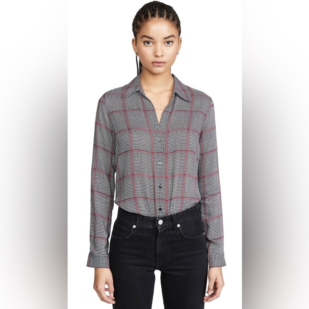 L'AGENCE Black and Gray Plaid Button-Up Blouse with Red Windowpane